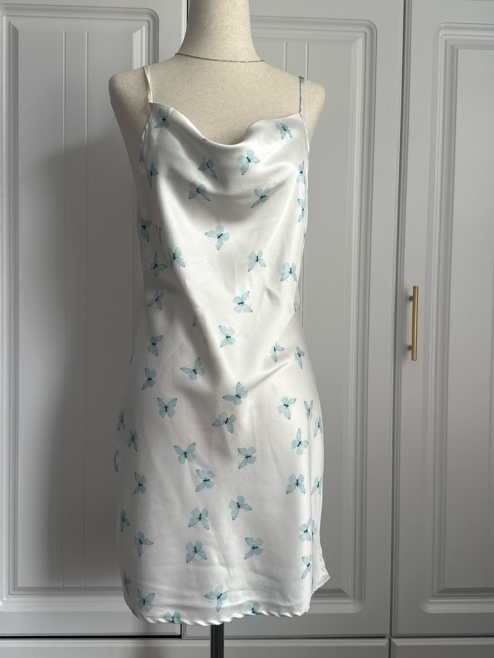 Lioness White Satin Slip Dress with Light Blue Butterfly Print
